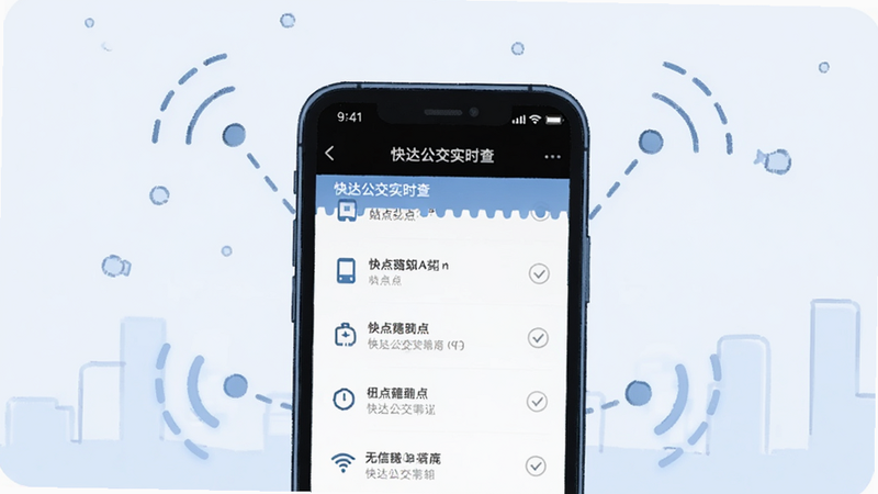 概念图,展示手机处于无信号状态,但“快达公交实时查”界面依然正常显示站点列表,周围有虚线表示信号连接,整体色调偏冷,强调稳定性,简洁插画风格