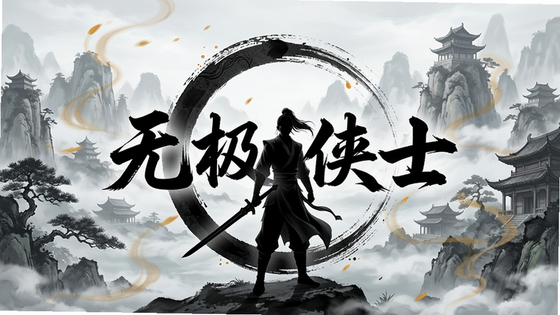 一张高质量的游戏宣传图,主体为《无极侠士》游戏Logo,背景是云雾缭绕的古代江湖场景,中间是一位手持长剑的侠客剪影,布局居中,排版大气,风格为国风水墨与现代CG结合,细节丰富,画质清晰,干净无多余元素,文字