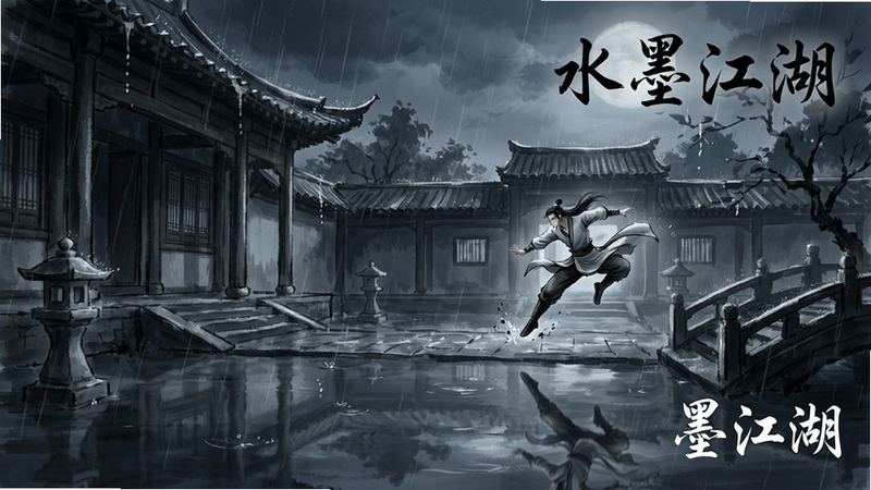 游戏场景截图,展示一个雨夜中的古风庭院,角色在雨中施展轻功,布局具有纵深感,排版平衡,风格为唯美水墨风,细节包括雨滴特效和水面倒影,画质极佳,干净,文字