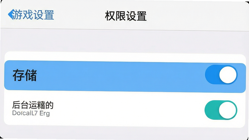 手机设置界面截图,展示游戏权限管理页面,高亮显示存储和后台运行选项,布局简洁,排版清晰,风格为扁平化UI,细节包括开关按钮状态,画质清晰,干净,文字