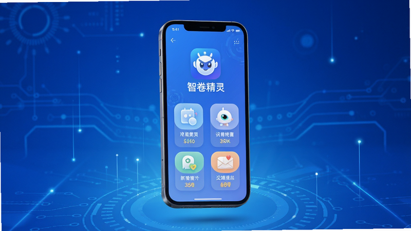 智卷精灵APP主界面展示,蓝色科技感背景,中心悬浮手机模型,屏幕显示“智卷精灵”Logo及核心功能图标,界面布局清晰,UI设计扁平化,细节精致,高清渲染,无多余元素,干净背景,专业软件宣传风格