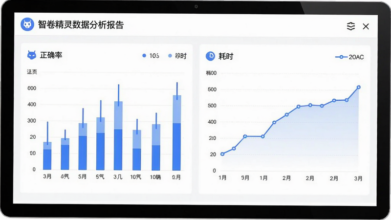 智卷精灵数据分析报告页面,包含柱状图和折线图,显示“正确率”、“耗时”等指标,界面整洁,白色背景,蓝色数据线条,图标简约,高清屏幕截图风格,无水印,清晰易读,专业分析软件界面