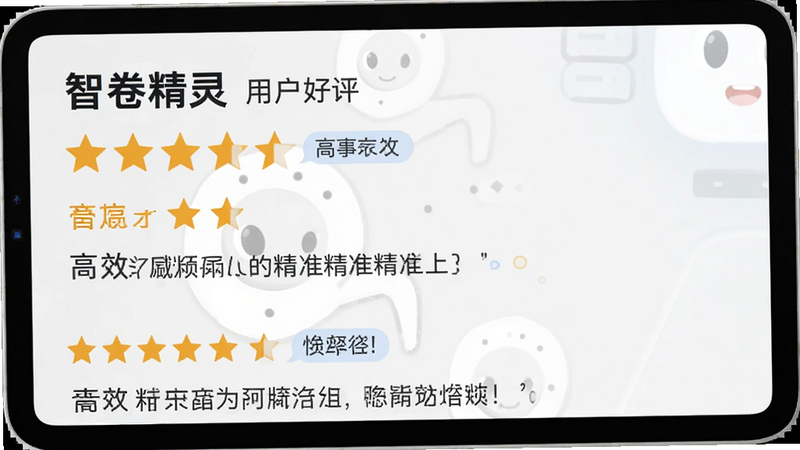 智卷精灵用户好评截图,显示星级评分和简短评论,背景为浅灰色,文字清晰,界面简洁,突出“高效”、“精准”等关键词,高清UI设计,无水印,真实感强,专业应用商店风格