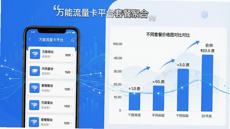 主体为数据可视化图表,展示“万能流量卡平台”的套餐聚合能力,布局为左右分栏,左侧为手机界面列表,右侧为柱状图对比不同套餐价格,风格扁平化设计,色彩以蓝色和白色为主,细节处有数据流动的线条装饰,文字“套餐聚合”加引号显示,画质清晰,干净无杂乱元素