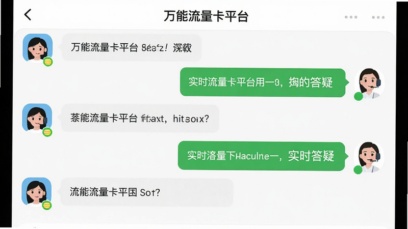 主体为客服对话界面截图,显示“万能流量卡平台”App内的聊天窗口,布局为标准消息列表,左侧为用户提问,右侧为客服回复,背景为白色,风格亲切友好,细节处有客服头像和在线状态标识,文字“实时答疑”清晰可见,画质清晰,干净无多余元素