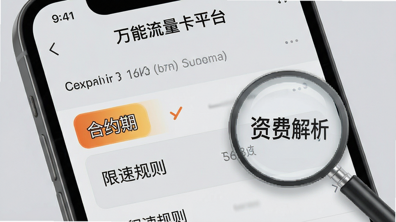 主体为手机界面局部放大图,聚焦于“万能流量卡平台”的资费详情页面,布局采用列表式排版,重点高亮显示“合约期”和“限速规则”字段,背景为浅灰色,风格专业严谨,细节处有放大镜图标示意解析功能,文字“资费解析”清晰可见,画质细腻,干净无多余装饰