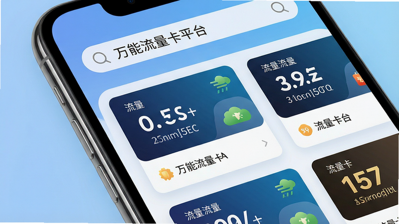 主体为智能手机屏幕特写,显示“万能流量卡平台”App界面,布局采用卡片式设计,顶部有搜索栏,中间展示多款流量卡套餐卡片,包含大字体价格数字和流量额度图标,背景为柔和的科技蓝渐变,风格简洁现代,细节清晰,文字“万能流量卡平台”清晰可见,画质高清,干净无多余元素