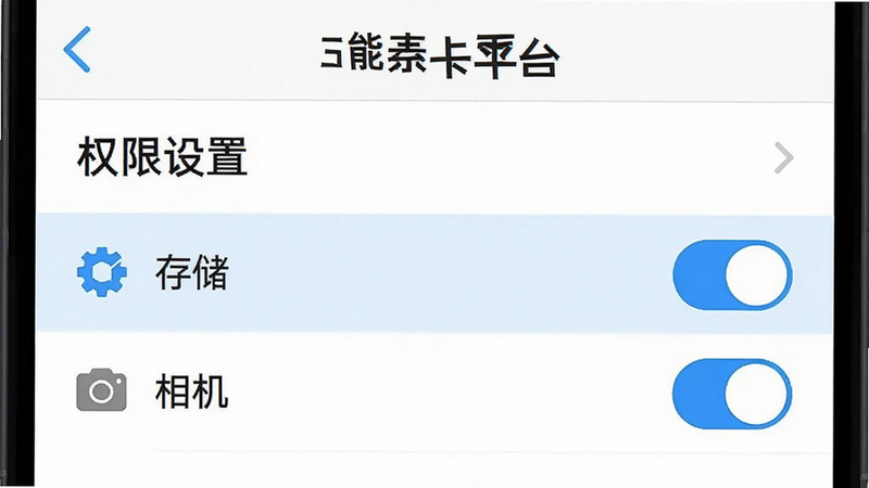 主体为手机设置界面示意图,显示“万能流量卡平台”的权限管理页面,布局为列表式,高亮显示“存储”和“相机”权限开关,背景为白色,风格简洁直观,细节处有勾选图标,文字“权限设置”清晰可见,画质清晰,干净无多余元素
