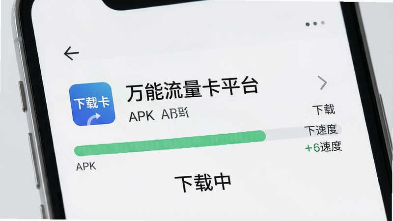 主体为手机下载界面示意图,显示“万能流量卡平台”APK文件下载进度条,布局为简洁的进度显示,背景为浅灰色,风格现代简约,细节处有下载速度标识,文字“下载中”清晰可见,画质高清,干净无干扰元素