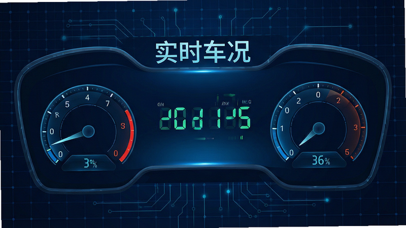 主体为车辆数据仪表盘界面,背景为深蓝色科技网格,布局仪表盘式,排版数据化,风格未来感,细节包含数字跳动效果,画质高清,干净,无多余元素,文字“实时车况”清晰可见