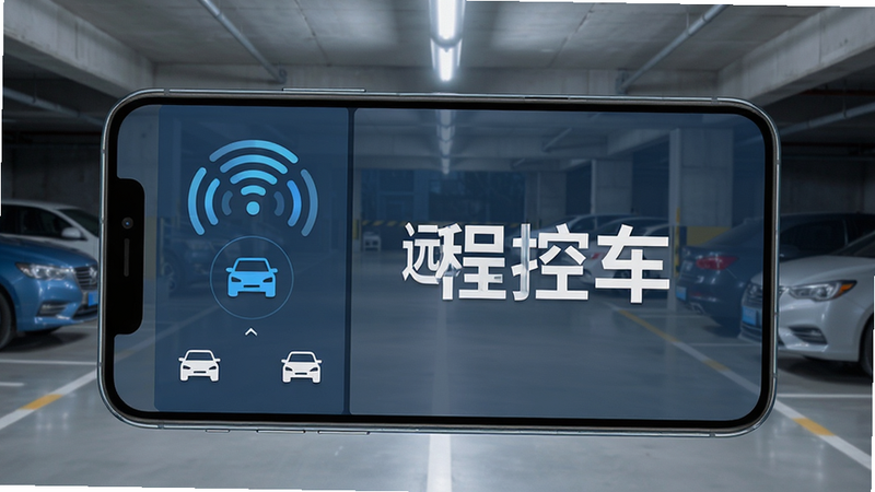 主体为手机屏幕显示远程控制界面,背景为城市停车场,布局左右分栏,排版扁平化,风格商务科技,细节包含信号波纹与车辆图标,画质高清,干净,无多余元素,文字“远程控车”清晰可见