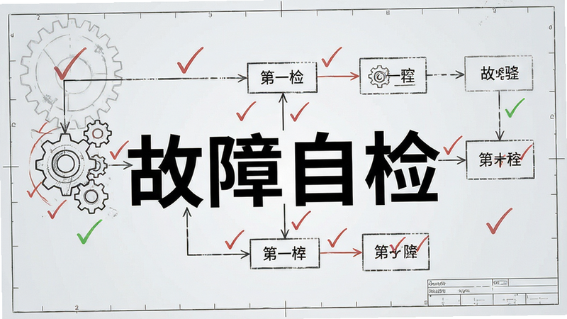 主体为故障诊断流程图,背景为浅灰色工程图纸,布局线性流程,排版逻辑清晰,风格工业实用,细节包含齿轮与检查标记,画质高清,干净,无多余元素,文字“故障自检”清晰可见