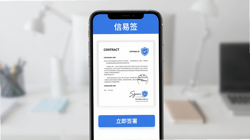 主体为信易签APP界面展示,布局采用扁平化设计,顶部显示蓝色标题栏写着“信易签”,中间区域清晰展示一份正在签署的合同文档预览,下方有一个醒目的蓝色按钮写着“立即签署”,背景为简洁的白色渐变,细节处包含盾牌图标代表安全,整体风格现代商务,画质高清,干净无多余元素