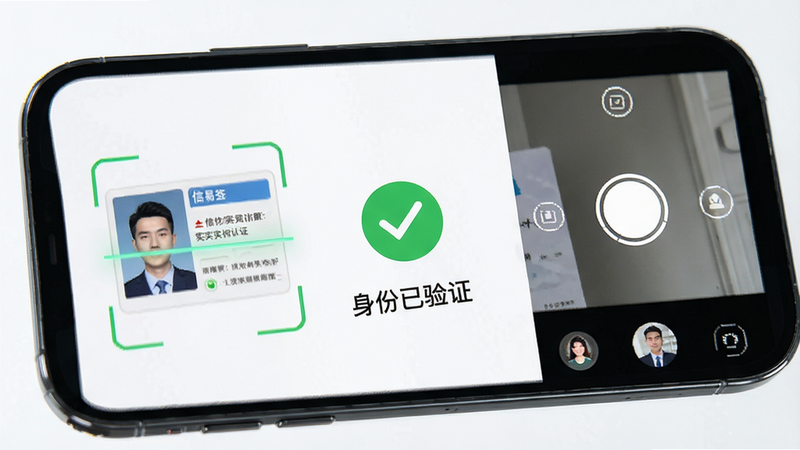 主体为手机屏幕特写,显示信易签APP的实名认证页面,布局清晰,左侧为身份证扫描框,右侧为摄像头取景框,中间有绿色对勾表示验证成功,文字标注“身份已验证”,风格科技感强,细节精致,画质清晰,干净背景