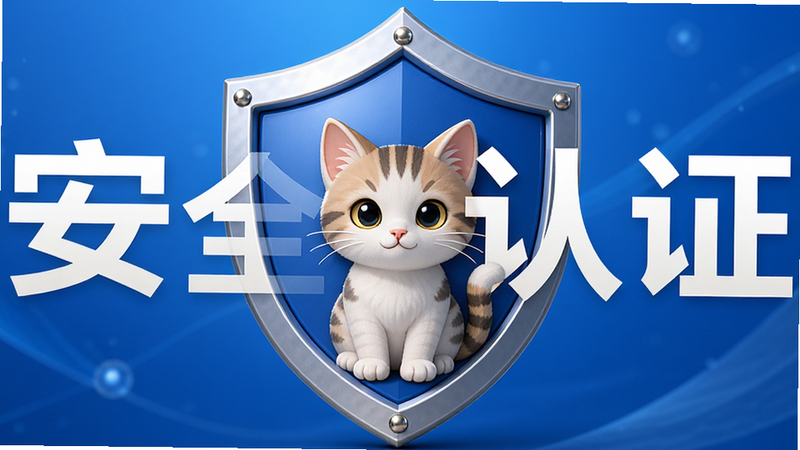 主体是安全盾牌与小猫图标组合,布局中心对称,排版简洁,风格信任感强,细节精致,画质高清,干净,无多余元素,背景蓝色渐变,文字