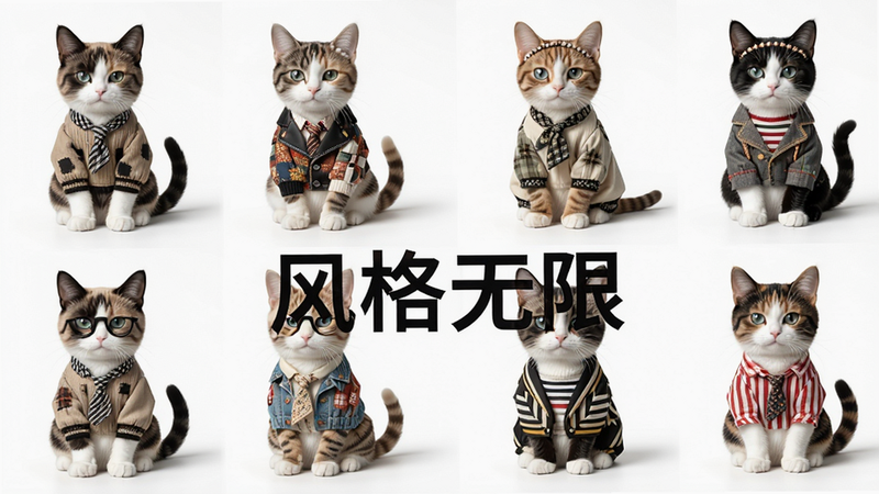 主体是多套不同风格的小猫穿搭展示,布局网格排列,排版整齐,风格多样,细节丰富,画质高清,干净,无多余元素,背景白色,文字