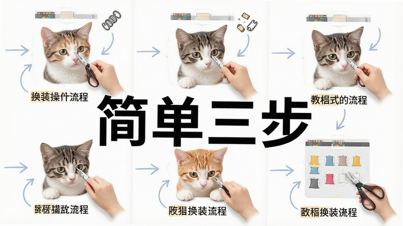 主体是小猫换装操作流程示意图,布局步骤式,排版清晰,风格教程类,细节标注清晰,画质清晰,干净,无多余元素,背景白色,文字
