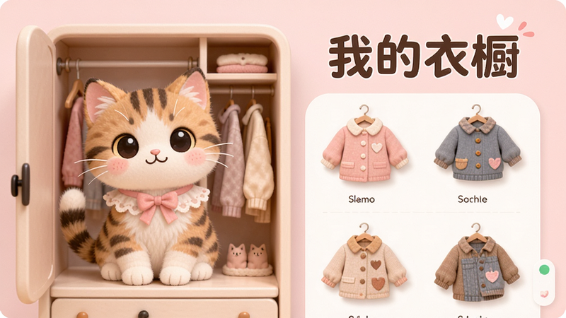 主体是小猫衣柜界面,布局左侧展示猫咪,右侧展示服饰列表,排版清晰,风格温馨可爱,细节精致,画质清晰,干净,无多余元素,背景为淡粉色,文字