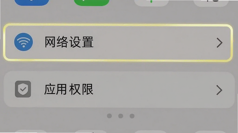 手机设置界面截图,高亮显示“网络设置”和“应用权限”选项,背景简洁,突出操作重点,清晰易读,无杂乱图标