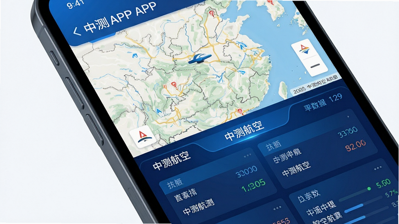 主体为手机屏幕显示中测航空APP界面,布局清晰,上方为地图视图,下方为数据面板,风格现代科技蓝,细节丰富,画质高清,干净,无多余元素,文字