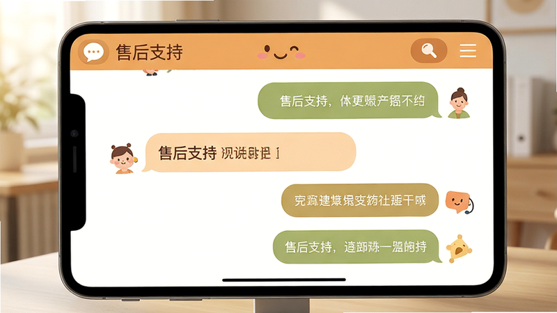 主体为客服对话界面,布局为聊天气泡形式,风格友好亲和,色调温暖,细节清晰,画质高清,干净,无多余元素,文字