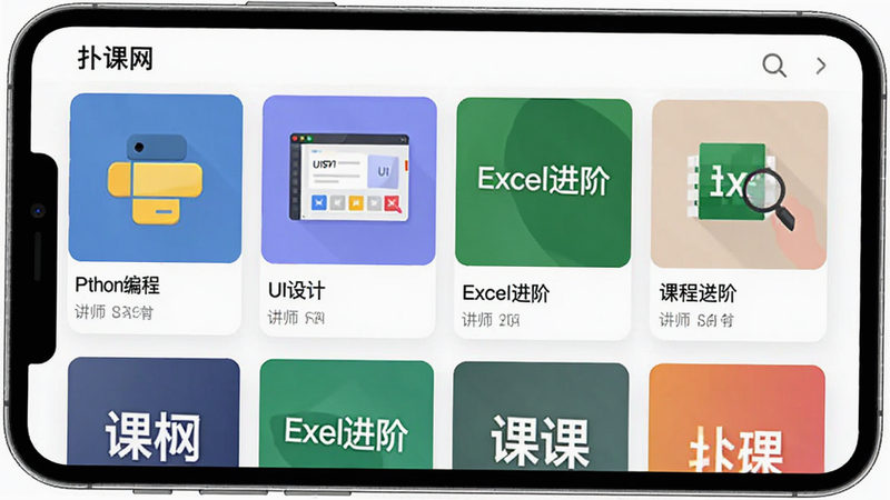 չʾ���˿�����APP�ڵĿγ̷���ҳ�棬����Ϊ����״�γ̷���ͼ��������Python��̡�����UI��ơ�����Excel���ס��ȱ�ǩ����������Գƣ�����ƽ����ɫ�ʷḻ����г��ϸ�ڴ���ʾ�γ̱����뽲ʦ��Ϣ�����ʸ��壬��ˮӡ���������ࡣ