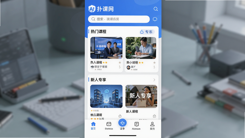 ����չʾ���˿�������׿APP��ҳ���棬���ֲ��ÿ�Ƭʽ��ƣ�����Ϊ���������в�չʾ�����ſγ̡��롰����ר��������ģ�飬�ײ�Ϊ��������������Ϊ�ִ���Լ�Ƽ��磬��ɫ��Ϊ��ˬ������ɫ��ϸ�ڴ����ָ��廭�ʣ�����Ԫ���������޶�������Ԫ�أ��ɾ����䡣