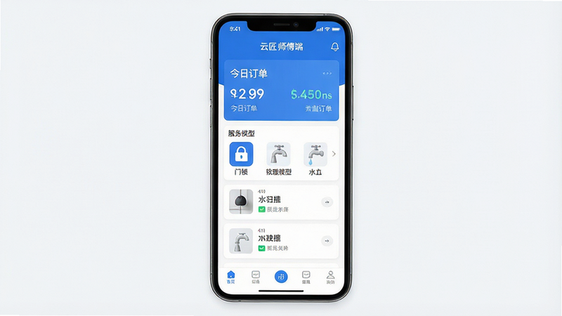 一张现代简约风格的应用界面预览图,主体为手机屏幕,显示“云匠 师傅端”应用首页,界面顶部有醒目的“今日订单”统计模块,中部为列表式接单区域,包含服务类型图标如门锁、水龙头等,底部为导航栏,整体色调以蓝色和白色为主,布局清晰,排版整洁,高清画质,无多余装饰元素,干净背景