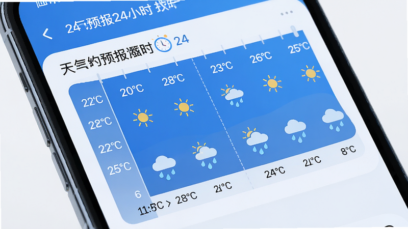 手机界面特写,显示'天气预报24小时'的24小时滚动预报图表,横轴为时间,纵轴为温度与降水图标,界面简洁现代,蓝色调为主,高清渲染,无水印,布局规整