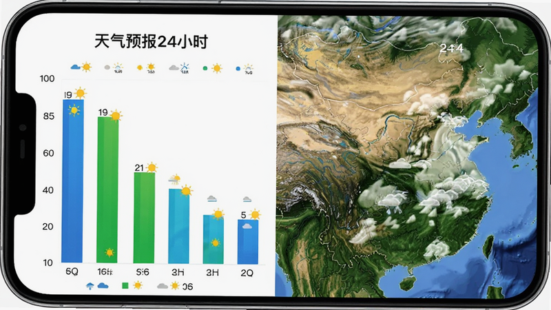 手机界面展示'天气预报24小时'的降雨概率柱状图与云图对比视图,左右分屏布局,左侧为数据图表,右侧为地图云图,色彩鲜明,对比强烈,高清展示,无遮挡,排版清晰