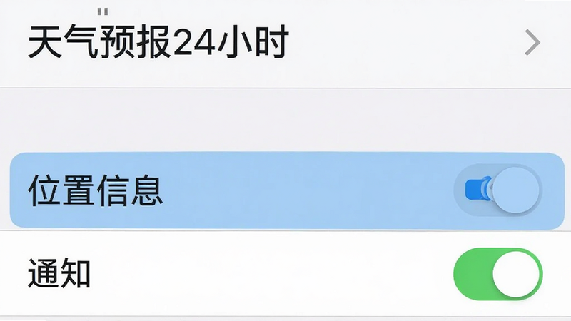 手机设置界面截图,显示'天气预报24小时'的权限管理页面,重点高亮“位置信息”和“通知”开关,界面清晰,文字可读性强,高清截图风格,无隐私信息泄露