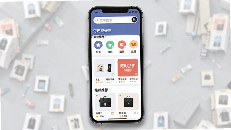 主体为迈巴克好物APP手机界面全景图,布局清晰,顶部显示搜索栏,中部展示分类图标,底部为推荐商品卡片,风格为现代扁平化设计,细节包含柔和的阴影效果,画质高清,干净,无多余元素,文字包含“迈巴克好物”、“精选推荐”、“限时折扣”