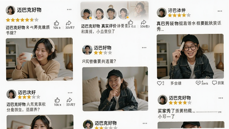 主体为迈巴克好物社区评测版块,布局为瀑布流帖子展示,每个帖子包含用户头像、星级评分及简短评论,风格活泼亲切,细节显示点赞数与回复数,画质柔和,干净,无多余元素,文字包含“迈巴克好物”、“真实评价”、“买家秀”