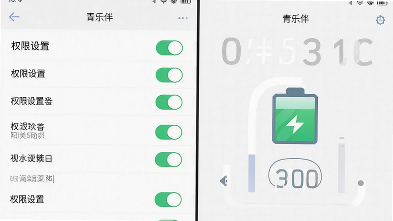 主体为手机设置界面与电池图标,布局为分屏显示,左侧为权限设置列表,右侧为电池状态,背景为浅灰色网格,排版清晰,风格为UI设计图,细节展示开关按钮状态,画质高清,干净,文字包含
