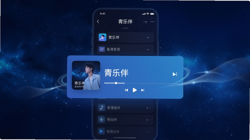 主体为青乐伴App界面预览,布局采用中心对称设计,背景为深蓝色渐变星空,中央显示播放列表与正在播放的歌曲卡片,排版整洁现代,风格为扁平化科技风,细节处有光影流动效果,画质4K高清,干净无多余元素,文字包含
