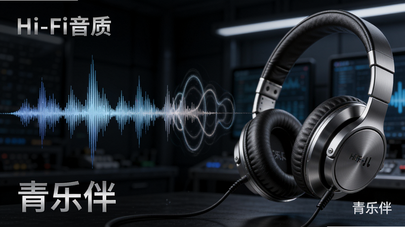 主体为音频波形图与耳机特写,布局为左侧波形右侧耳机,背景为深色科技实验室,排版简洁,风格为写实摄影与3D渲染结合,细节展示声波震动与金属质感,画质8K,干净,文字包含