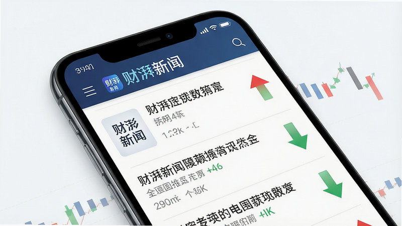 一张展示“财湃新闻”安卓应用界面的高清截图,主体为手机屏幕,显示首页新闻列表和顶部导航栏,布局清晰整洁,排版现代化,风格简约商务,细节包含红色上涨箭头和绿色下跌箭头图标,画质4k,干净无多余元素,文字引用“财湃新闻”