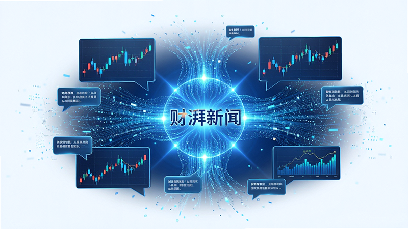 概念图,展示一个由无数数据流汇聚成中央发光核心的场景,核心位置写着“财湃新闻”,周围环绕着股票K线图和文字气泡,布局中心对称,排版科技感强,风格蓝色调科技风,细节包含数据粒子流动效果,画质高清,干净无杂乱背景,文字引用“财湃新闻”