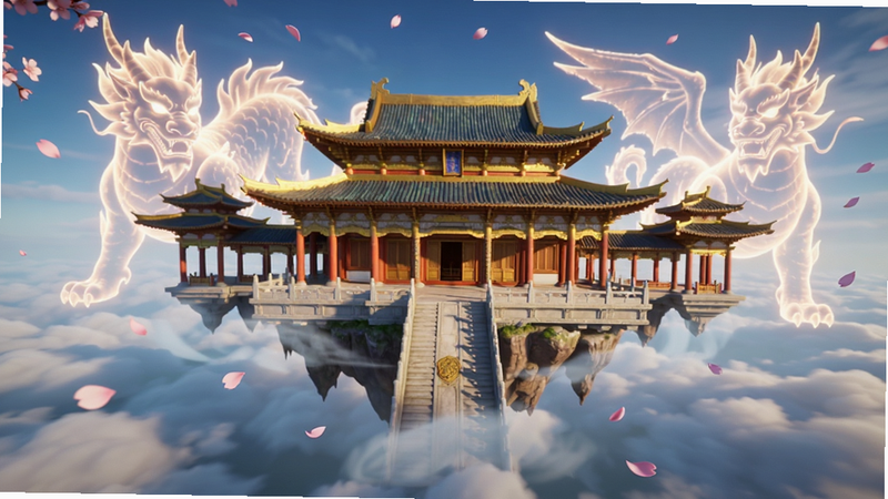 主体为游戏内场景截图,展示一座悬浮在云海之上的古代宫殿,宫殿飞檐斗拱,金碧辉煌,周围环绕着巨大的发光神兽虚影。布局为居中构图,宫殿占据画面中心60%面积,云海在底部铺展。排版简洁,无UI遮挡。风格为写实CG与游戏美术结合,细节包括飘落的樱花瓣、流动的云气纹理。画质高清,色彩饱和度高,无多余水印或文字。