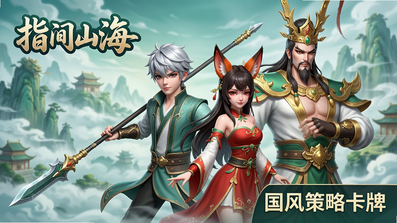 主体为一款名为“指间山海”的移动端游戏宣传海报,背景是云雾缭绕的东方神话仙境,中心位置展示着三位主要角色:一位手持长枪的银发少年、一位身着红裙的狐耳少女、一位威严的天神形象。排版上,左上角有“指间山海”的艺术字体Logo,右下角标注“国风策略卡牌”。风格为高质量3D渲染结合2D插画风格,色彩以青绿、金、白为主,细节丰富,画质4K,干净无多余元素,文字清晰可辨。