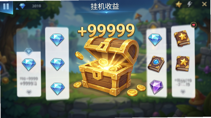 主体为游戏内的“挂机收益”结算界面,背景是模糊的游戏场景。布局为卡片式UI,中央显示一个金色的宝箱打开动画,周围散落着金币、钻石、经验书等道具图标。排版整洁,数字显示清晰,带有“+99999”的浮动特效。风格为现代手游UI,简洁明亮。细节包括道具的光泽反射、数字的滚动动画效果。画质高,无多余装饰,文字清晰。