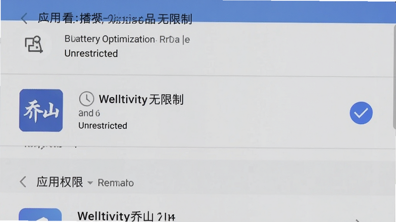 主体为手机设置界面截图,布局展示电池优化与应用权限列表,排版列表形式,风格系统原生UI,细节包含Welltivity乔山应用在列表中被勾选为
