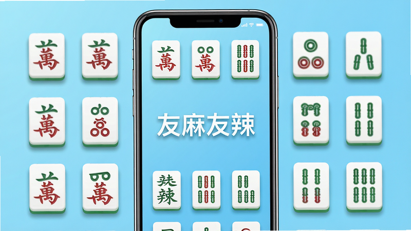 主体为一部竖屏智能手机,屏幕中央显示“友麻友辣”APP的主界面,背景为清新的浅蓝色渐变,界面上排列着整齐的麻将牌图标,包括万、筒、条,布局对称规整,风格为现代扁平化UI设计,细节处带有微弱的阴影效果,画质高清,干净无多余元素,文字“友麻友辣”清晰可见,无水印。