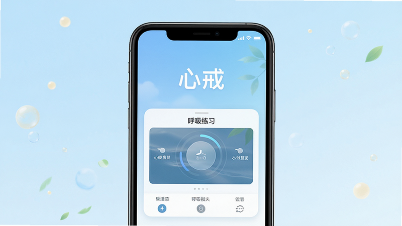 主体为手机屏幕显示心戒App界面,布局简洁,背景为淡蓝色渐变,排版居中,风格清新治愈,细节展示呼吸练习模块,画质高清,干净,无多余元素,文字“心戒”清晰可见