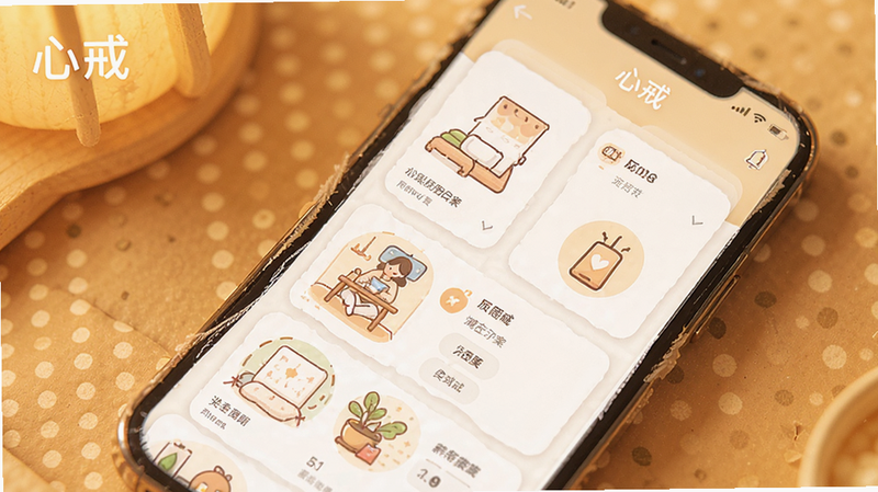 主体为手机界面展示减压方案列表,布局卡片式排列,背景为暖色调,风格温馨,细节显示不同场景图标,画质明亮,干净,无多余元素,文字“心戒”作为品牌标识
