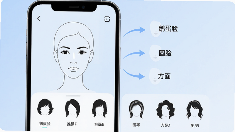 һ��չʾ�������䷢��APP���Ĺ��ܵ�����ͼ������Ϊ�ֻ����棬����Ϊ��͵�ǳ��ɫ���䣬��������ʾһ��Ů���沿�����ߣ��Ա��м�ͷָ��ͬ�����ͷ�����쵰����Բ�����������·��г���Ӧ���Ƽ�����ͼ�꣬����Լ�ִ������壬�޶���Ԫ�أ��ɾ�