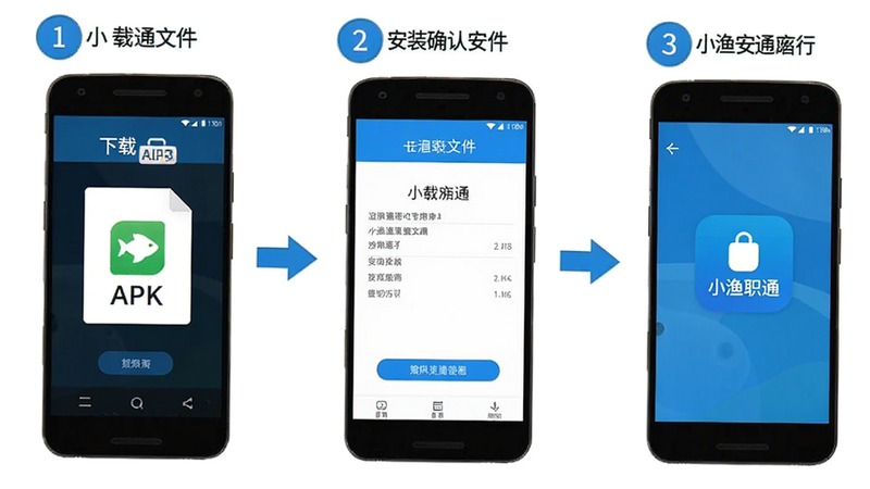 主体为小渔职通APP在安卓手机上的安装流程示意图,布局为三步流程图,第一步展示下载APK文件,第二步展示安装确认界面,第三步展示启动图标,风格为简洁教程风,细节包含步骤编号和箭头指引,画质清晰,干净无多余元素