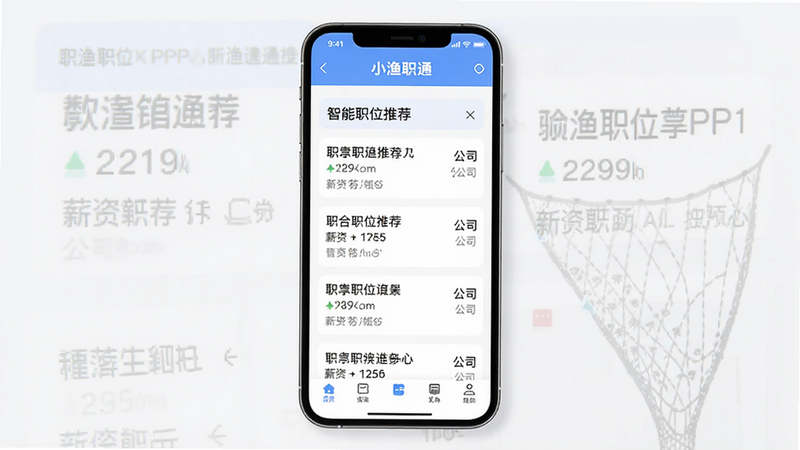 主体为小渔职通APP手机界面预览图,布局为竖屏展示,顶部显示软件名称