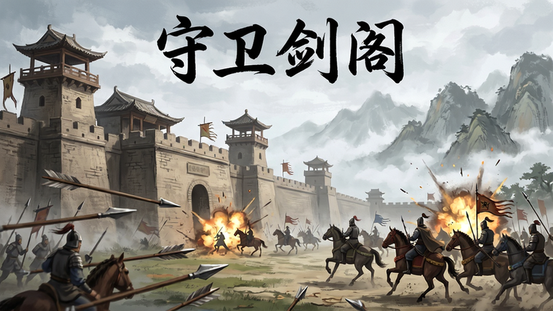 主体为“守卫剑阁”关卡的战斗场景,布局为侧视图,显示城墙、防御塔和进攻的敌军骑兵,背景为山峦和云雾,排版具有层次感,风格为古风战争场景,细节展示箭矢和爆炸效果,画质精美,干净无UI元素,文字“守卫剑阁”以书法字体显示在上方