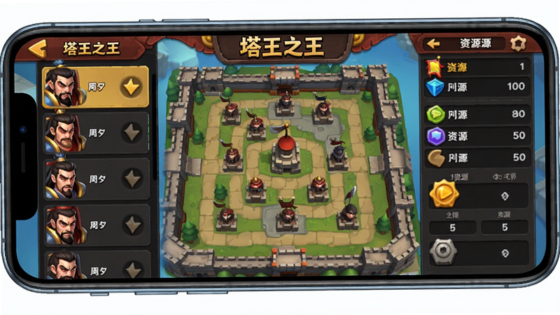 主体为手机屏幕展示的《塔王之王》游戏主界面,布局清晰,左侧为武将列表,中间为塔防地图预览,右侧为资源栏,排版紧凑有序,风格为精致的2D卡通写实混合风格,细节丰富,画质高清,干净无多余元素,文字标签清晰可见